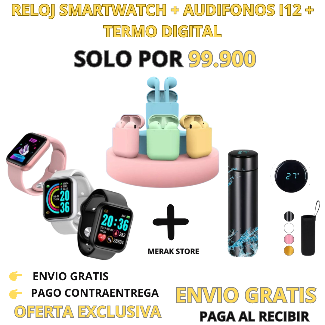 SUPER COMBO RELOJ SMARTWATCH Y68+ AUDIFONOS I12 + TERMO DIGITAL