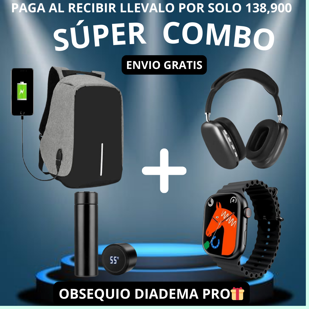 Super Combo Maleta Antirrobo Con Carga+Termo Digital+ Reloj inteligente T500 + Obsequio de Diadema pro🎁