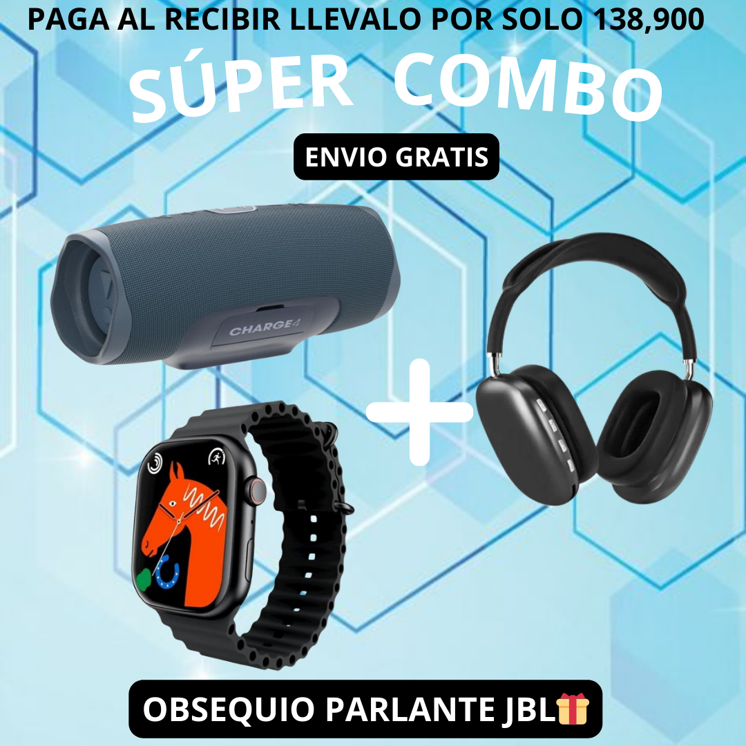 PARLANTE CHARGE 4 + DIADEMA PRO + RELOJ INTELIGENTE T500