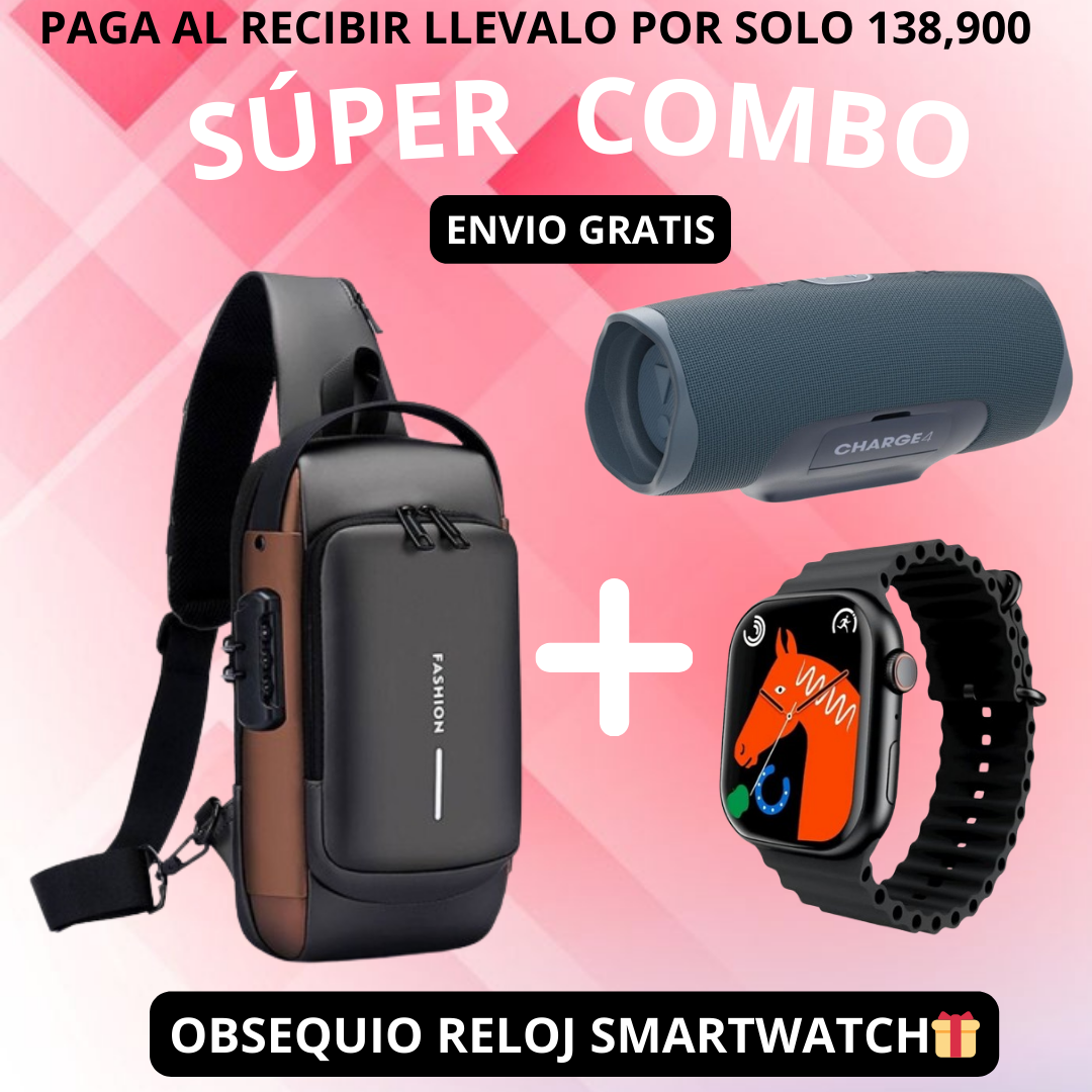 Super Combo Bolso Antirrobo con sistema de clave + Parlante charge 4 + Obsequio De Reloj inteligente T500🎁
