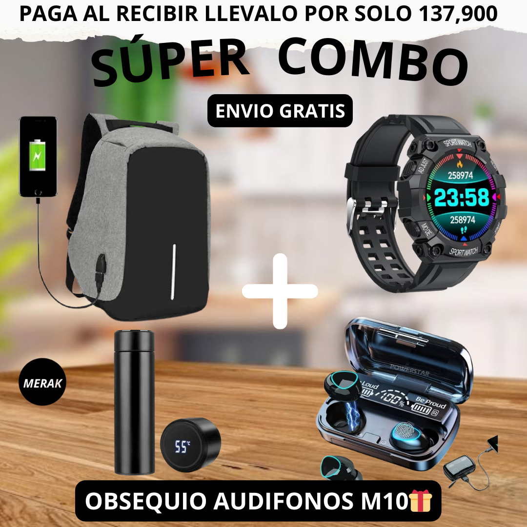Super Combo Maleta Antirrobo Con Carga+Termo Digital+ Reloj inteligente FD68 + Obsequio de audifonos M10🎁