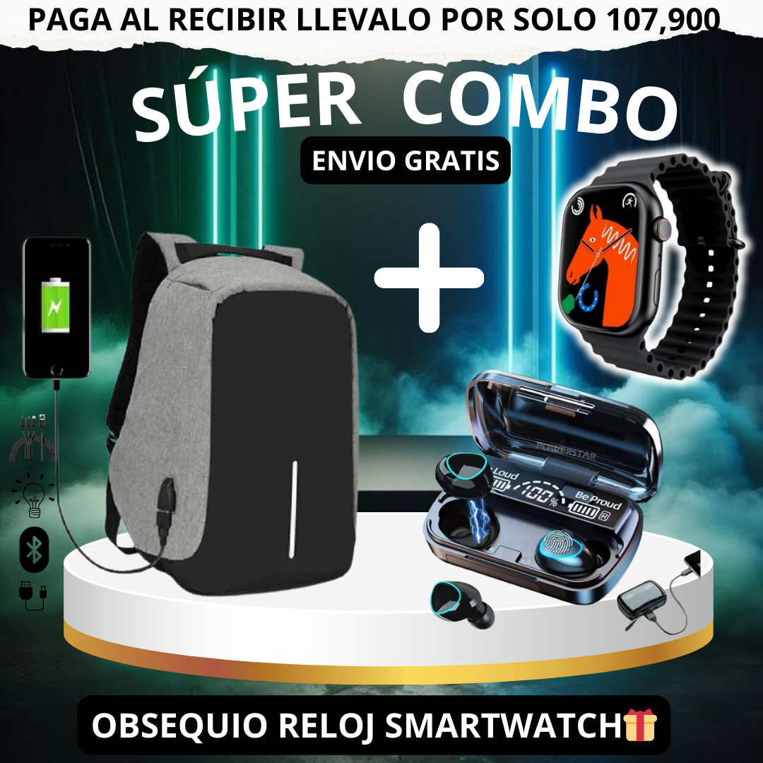 Super Combo Maleta Antirrobo Con Carga + audifonos M10 + Obsequio de Reloj inteligente T500🎁