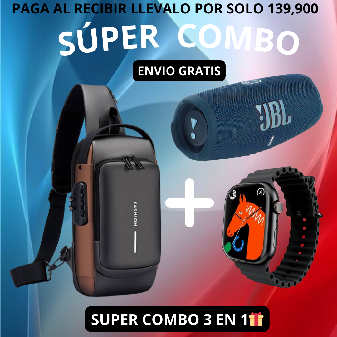 Super Combo Bolso Antirrobo con sistema de clave + JBL charge 5 + Obsequio De Reloj inteligente T500🎁