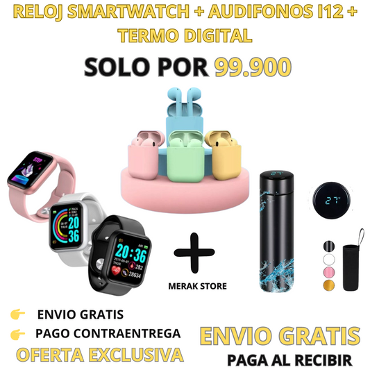 SUPER COMBO RELOJ SMARTWATCH  Y68+ AUDIFONOS I12 + TERMO DIGITAL