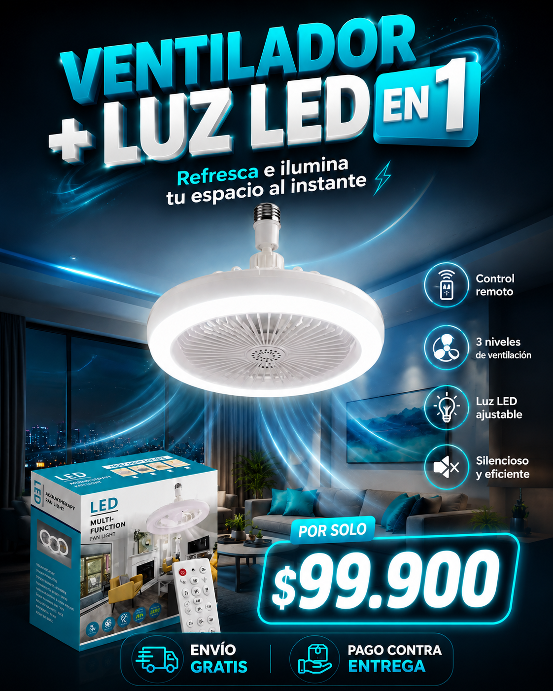 Ventilalador De Techo 2 en 1 Con Luz Led☀️