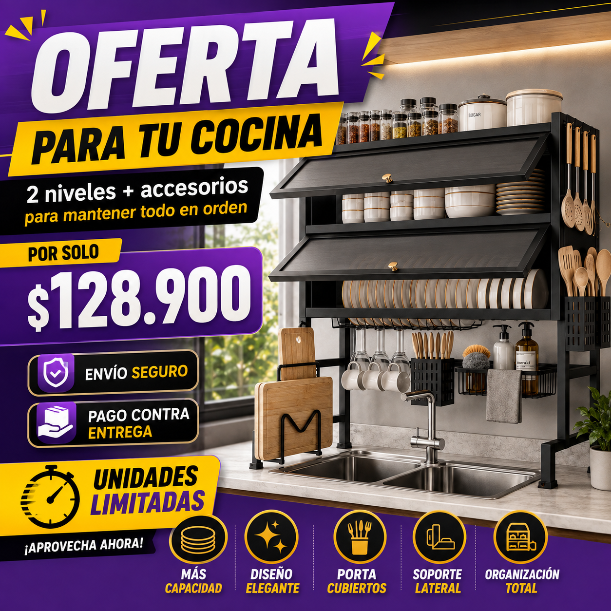 Escurridor de Platos sobre Lavaplatos dos niveles + Accesorios🧼