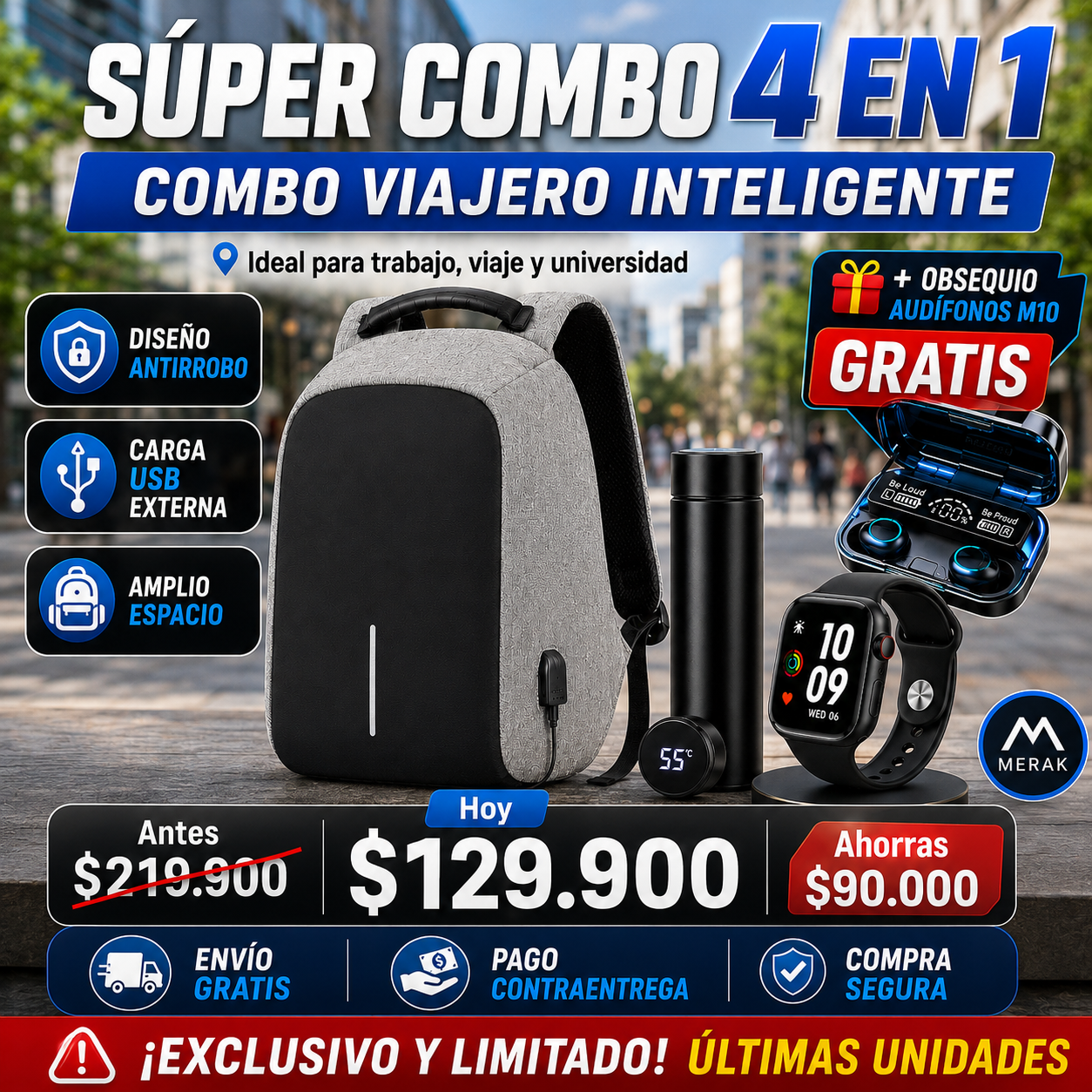 Super Combo Maletin Antirrobo Con Carga + Termo Digital + Reloj inteligente T500 + Obsequio de audifonos M10 🎁