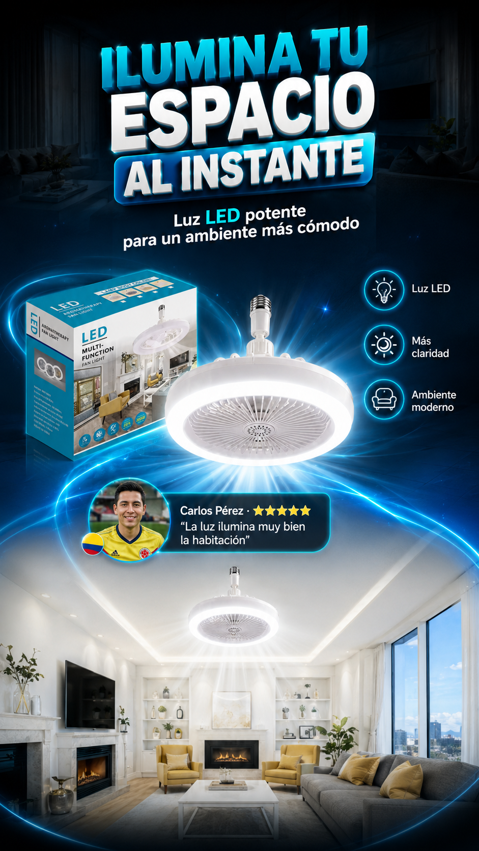 Ventilalador De Techo 2 en 1 Con Luz Led☀️