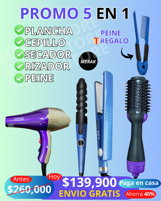 SUPER COMBO 5 EN 1 PLANCHA + CEPILLO + SECADOR + RIZADORA + REGALO PEINE🎁