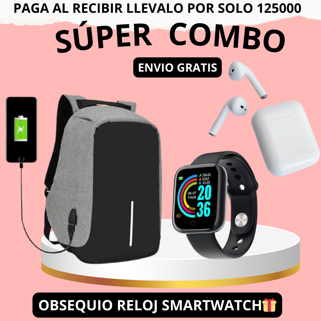 Super Combo Maleta Antirrobo Con Carga+Audifonos I12+Obsequio De Reloj inteligente T500🎁