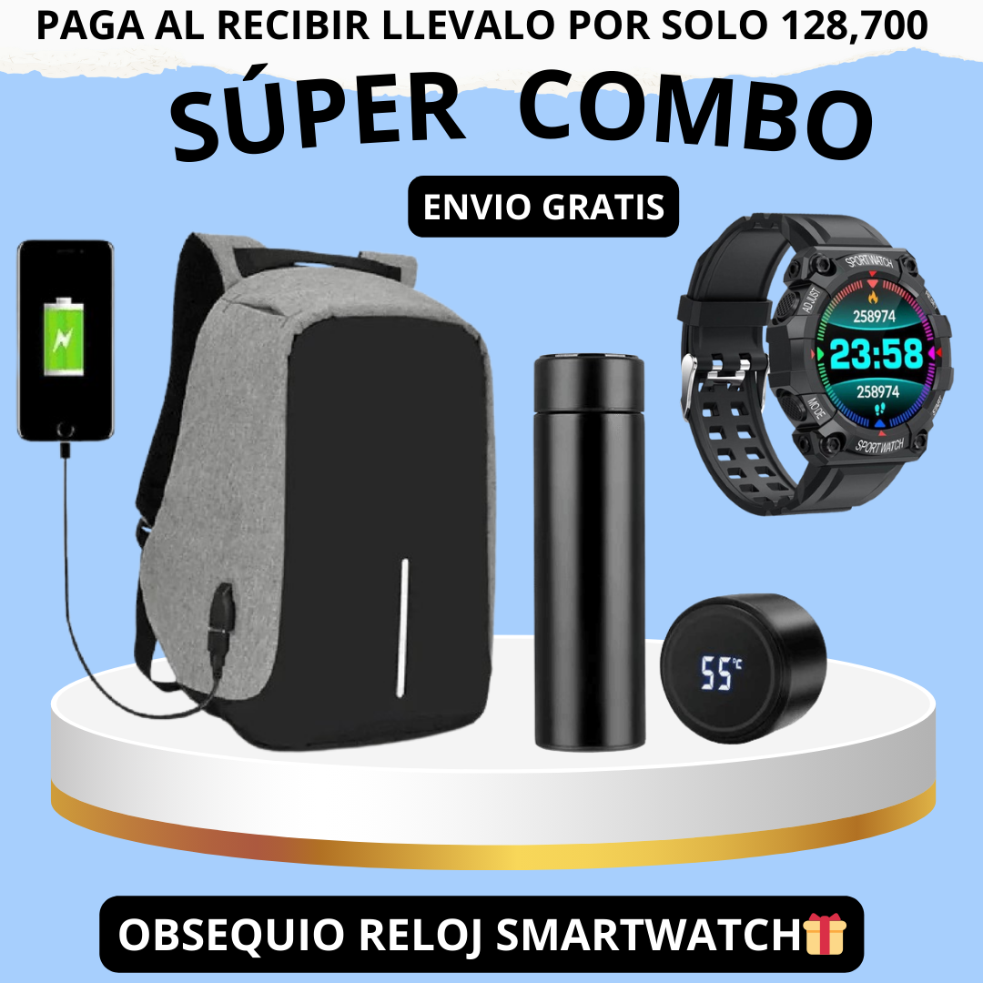 Super Combo Maleta Antirrobo Con Carga+Termo Digital+Obsequio De Reloj inteligente Fd68🎁