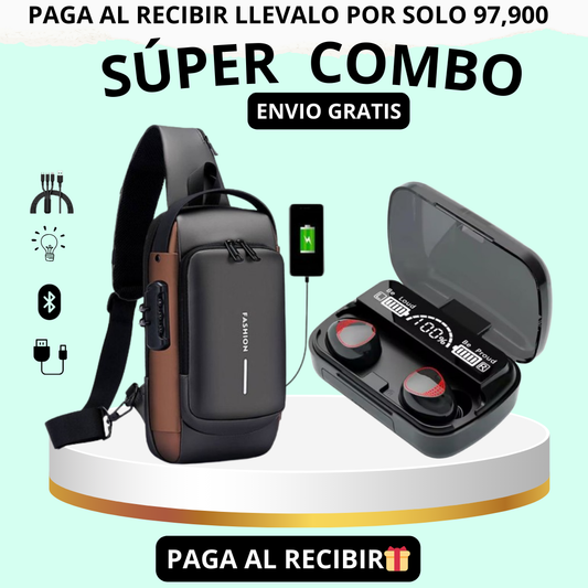 Super Combo Bolso Antirrobo con sistema de clave + Audifonos inalámbricos M10🎧🎁