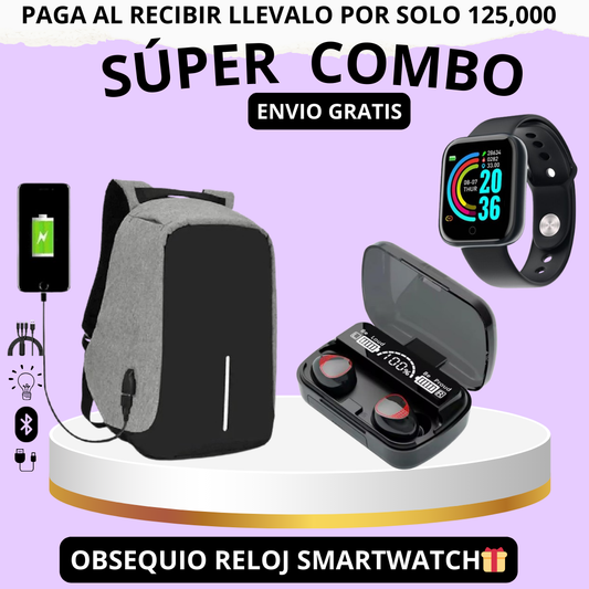 Super Combo Maleta Antirrobo+Audifonos M10+Obsequio De Reloj inteligente T500🎁