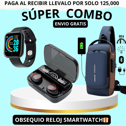 Super Combo Bolso Antirrobo + Audifonos M10 + Obsequio De Reloj inteligente T500🎁