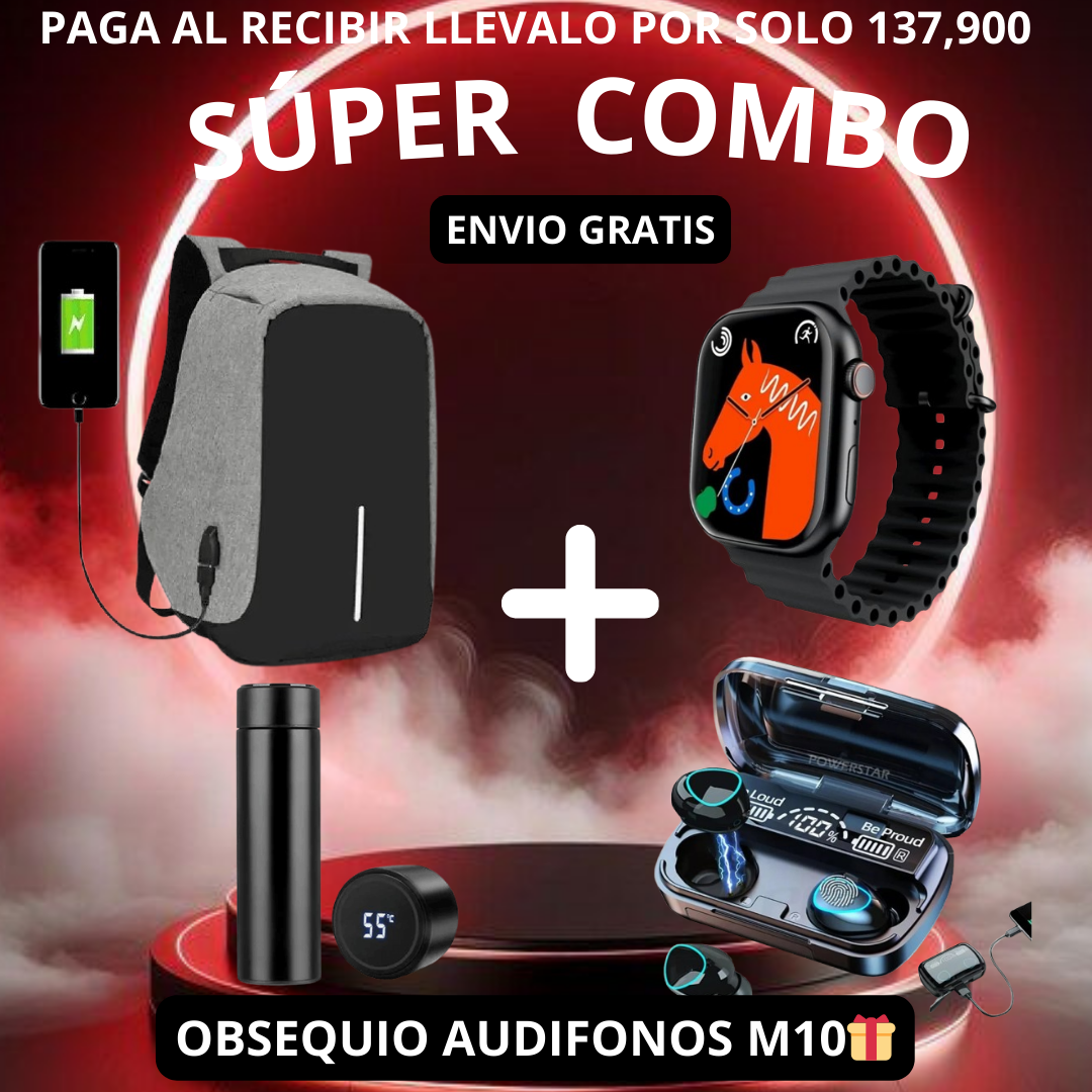 Super Combo Maleta Antirrobo Con Carga+Termo Digital+ Reloj inteligente T500 + Obsequio de audifonos M10🎁