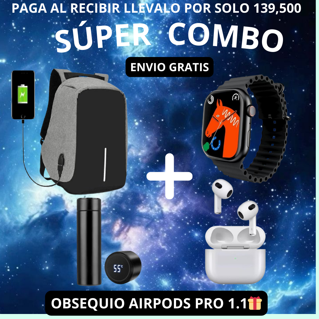 Super Combo Maleta Antirrobo Con Carga+Termo Digital+ Reloj inteligente T500 + Obsequio de Audifonos Airpods Pro 1.1🎁