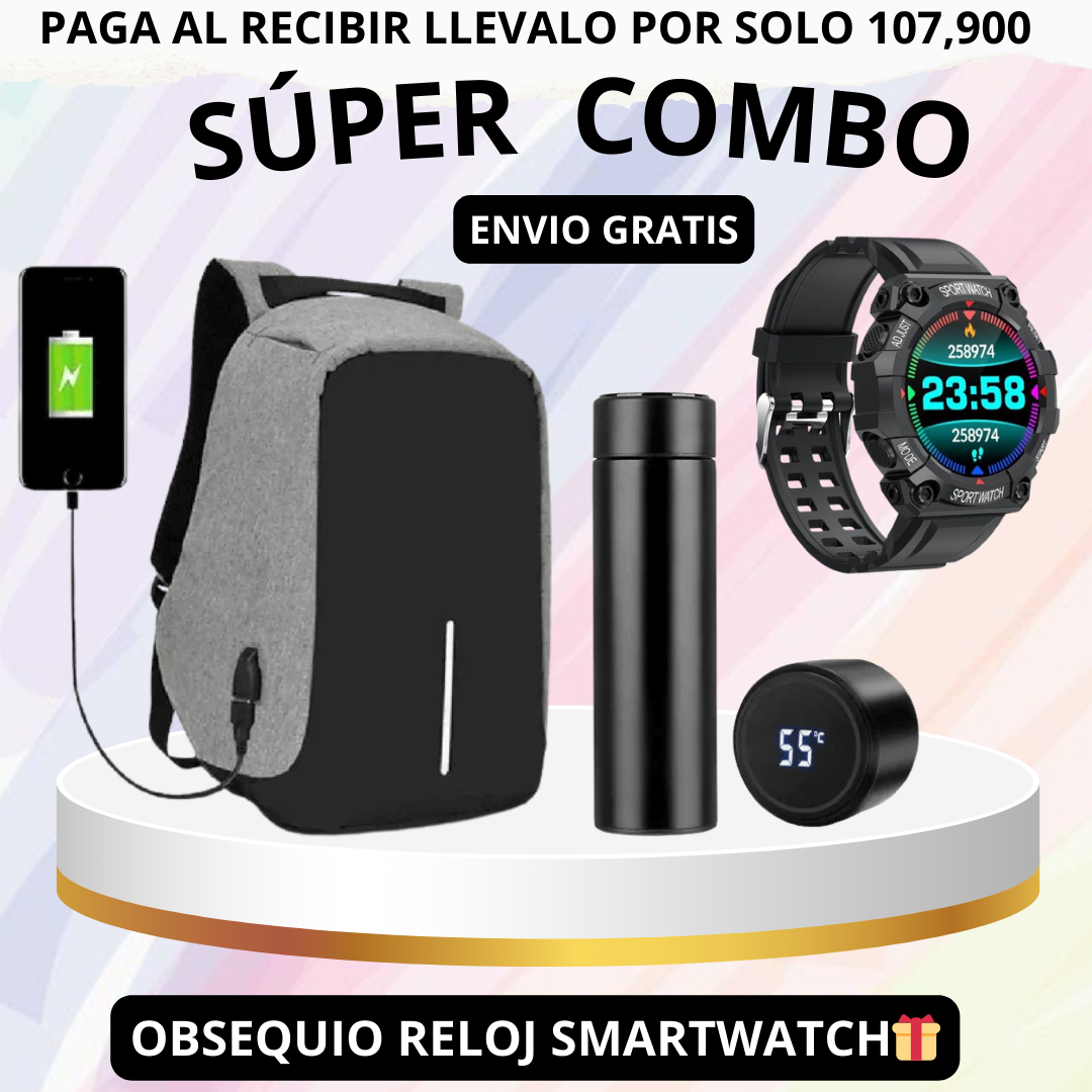 Super Combo Maleta Antirrobo Con Carga+Termo Digital+Obsequio De Reloj inteligente Fd68🎁