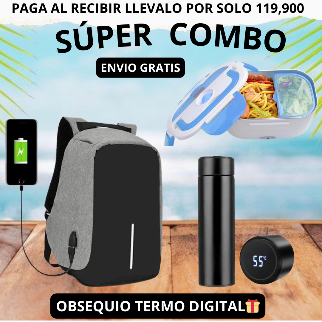 Super Combo Maleta Antirrobo Con Carga+ Lonchera electrica + Termo Digital