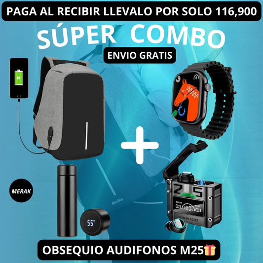 Super Combo Maleta Antirrobo Con Carga+Termo Digital+ Reloj inteligente T500 + Obsequio de audifonos M25🎁