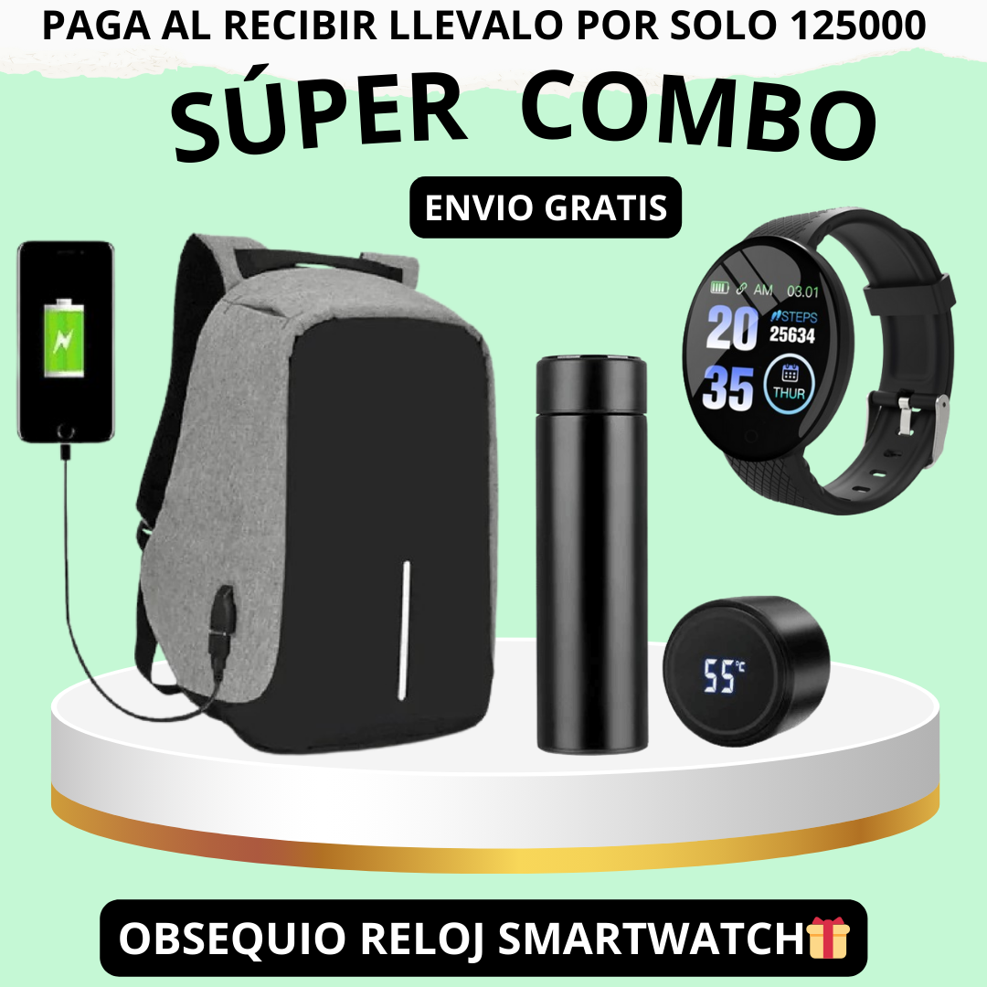 Super Combo Maleta Antirrobo Con Carga+Termo Digital+Obsequio De Reloj inteligente D18🎁