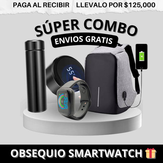 Super Combo Maleta Antirrobo Con Carga+Termo Digital+Obsequio De Reloj inteligente T500🎁