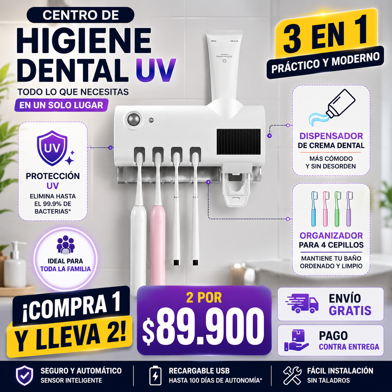 Porta Cepillos Dental con Esterilizador UV y Dispensador Automático🦷